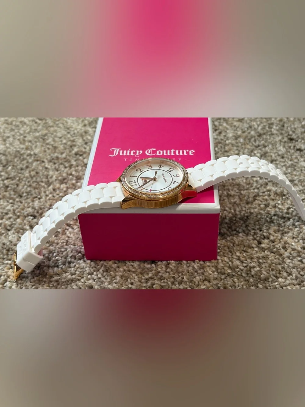 Y2K Juicy Couture White Silicone Strap Rose Gold-Tone Crystal Watch